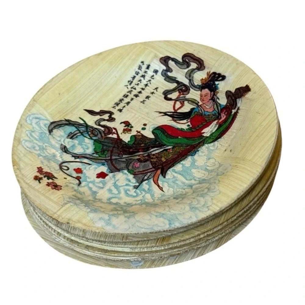 Vintage Bamboo Coaster Set – Chinese Celestial Motif – 4.25
